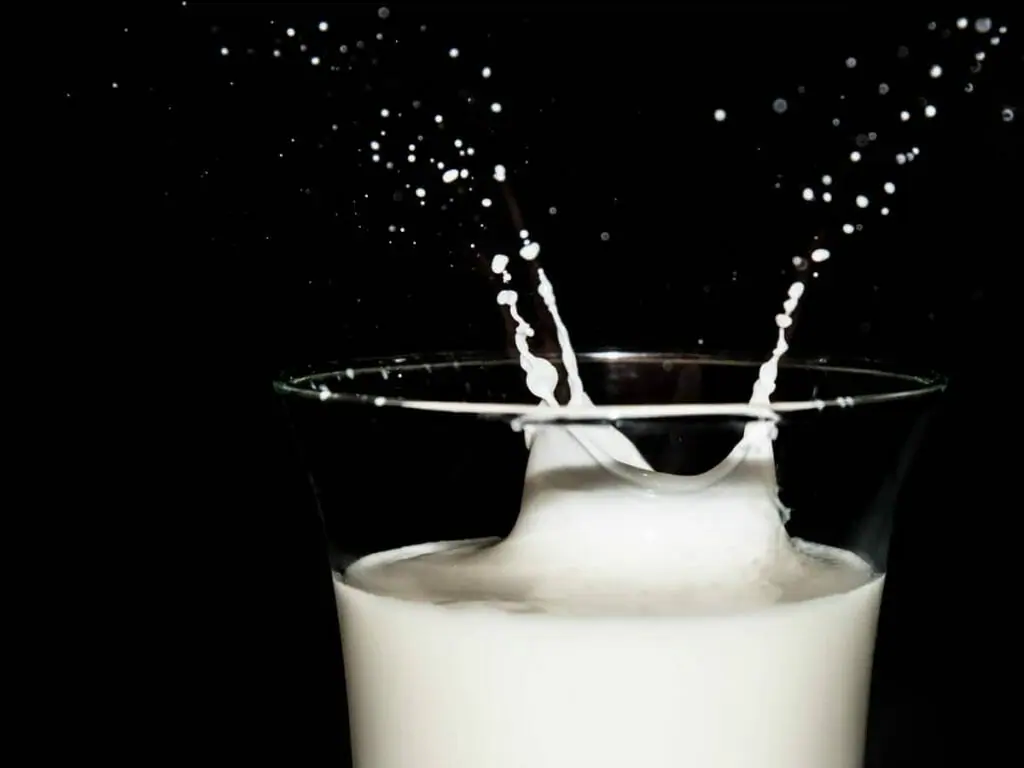 Foto mostra um copo de leite logo depois de algo cair nele. O fundo da imagem é preto, o que dá destaque ao leite que está espirrando para fora do copo.